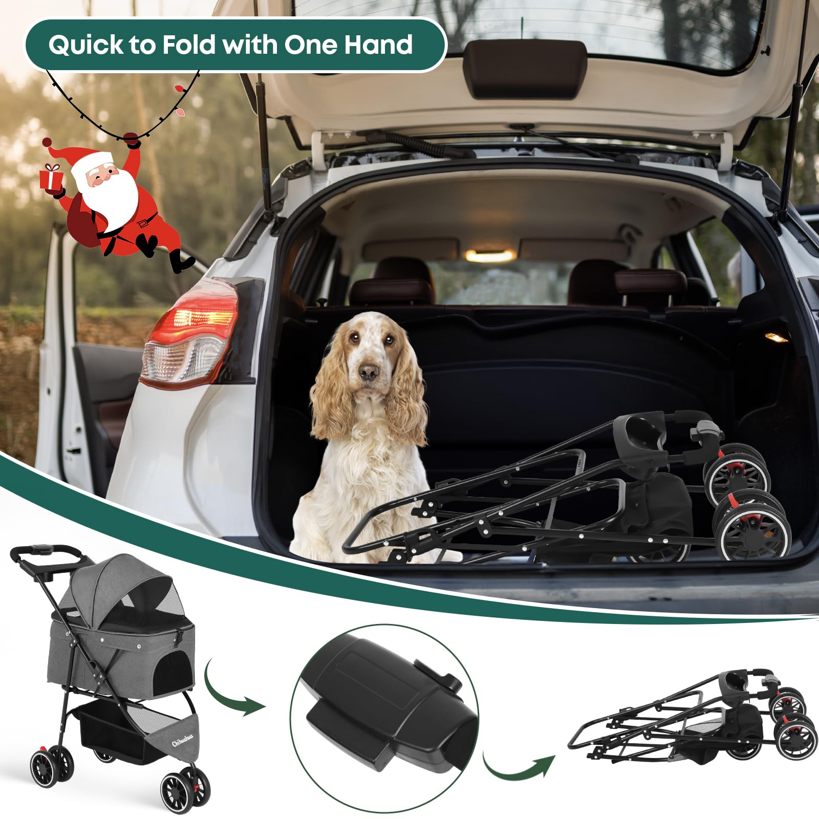 Chihuahua pet stroller grey wheel detail shows smooth all-terrain steering.