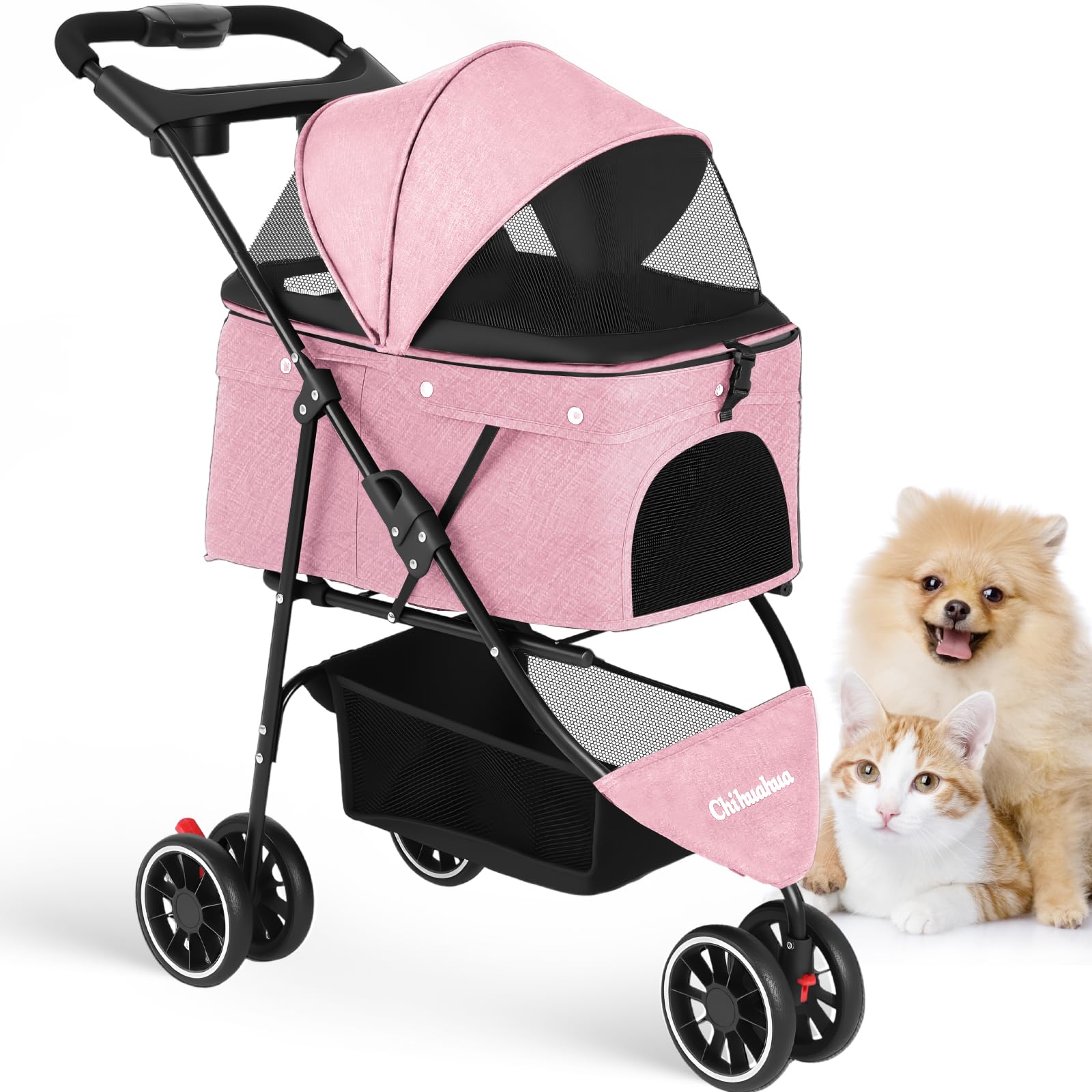 Chihuahua pet stroller pink 3-wheels design offers smooth maneuverability for daily walks.