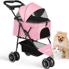 Chihuahua pet stroller pink 3-wheels design offers smooth maneuverability for daily walks.