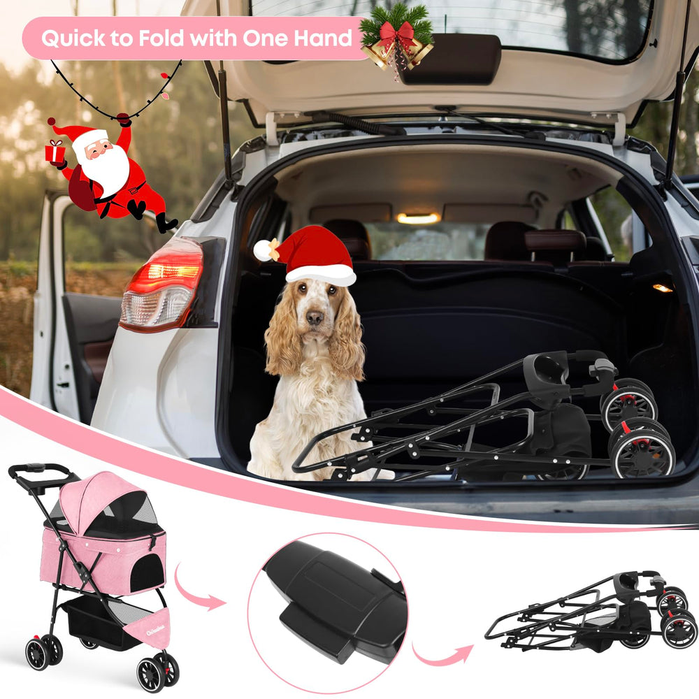 Chihuahua pet stroller pink 360-degree front wheels enable versatile steering on sidewalks and grass.