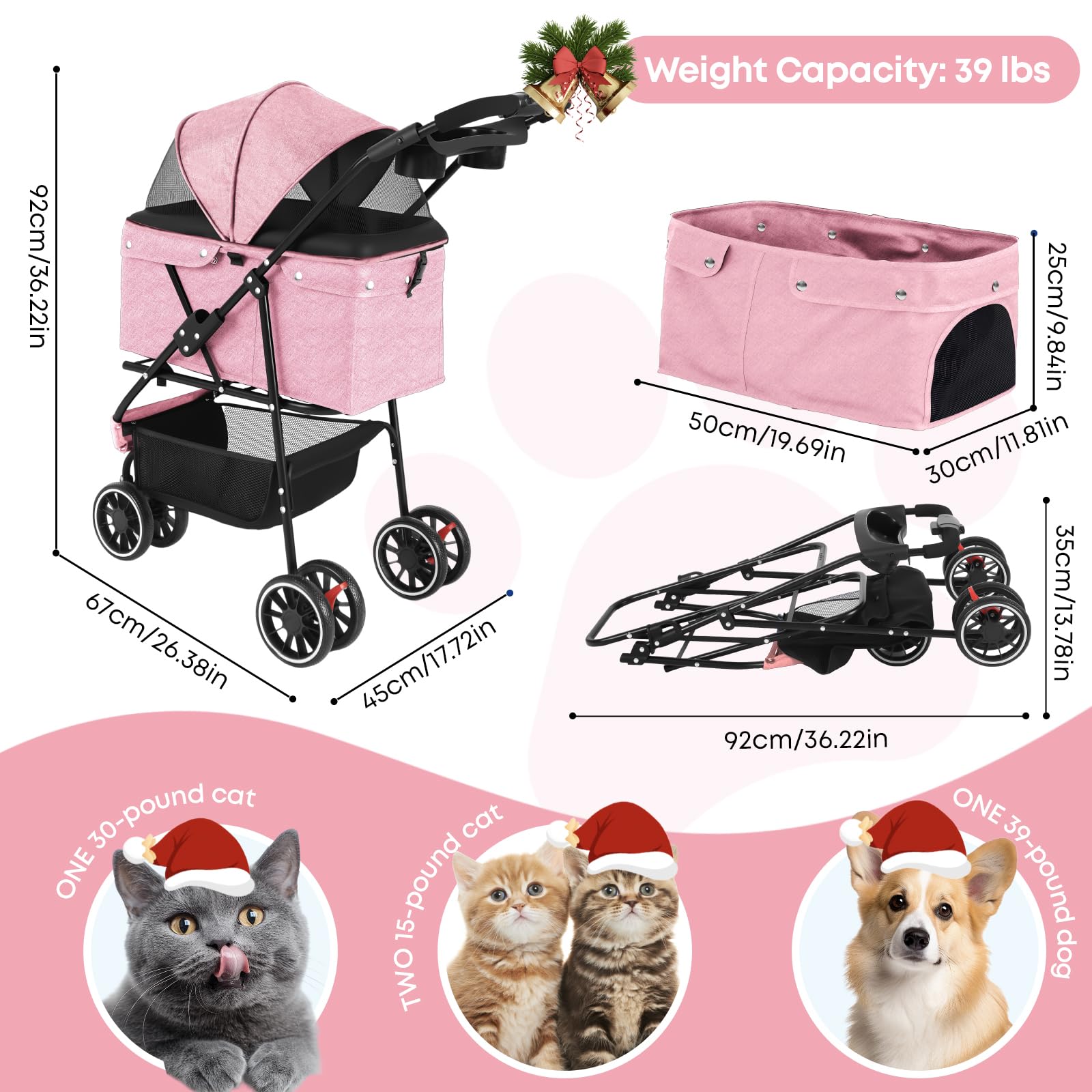 Chihuahua pet stroller pink breathable mesh canopy keeps pets cool during outdoor strolls.