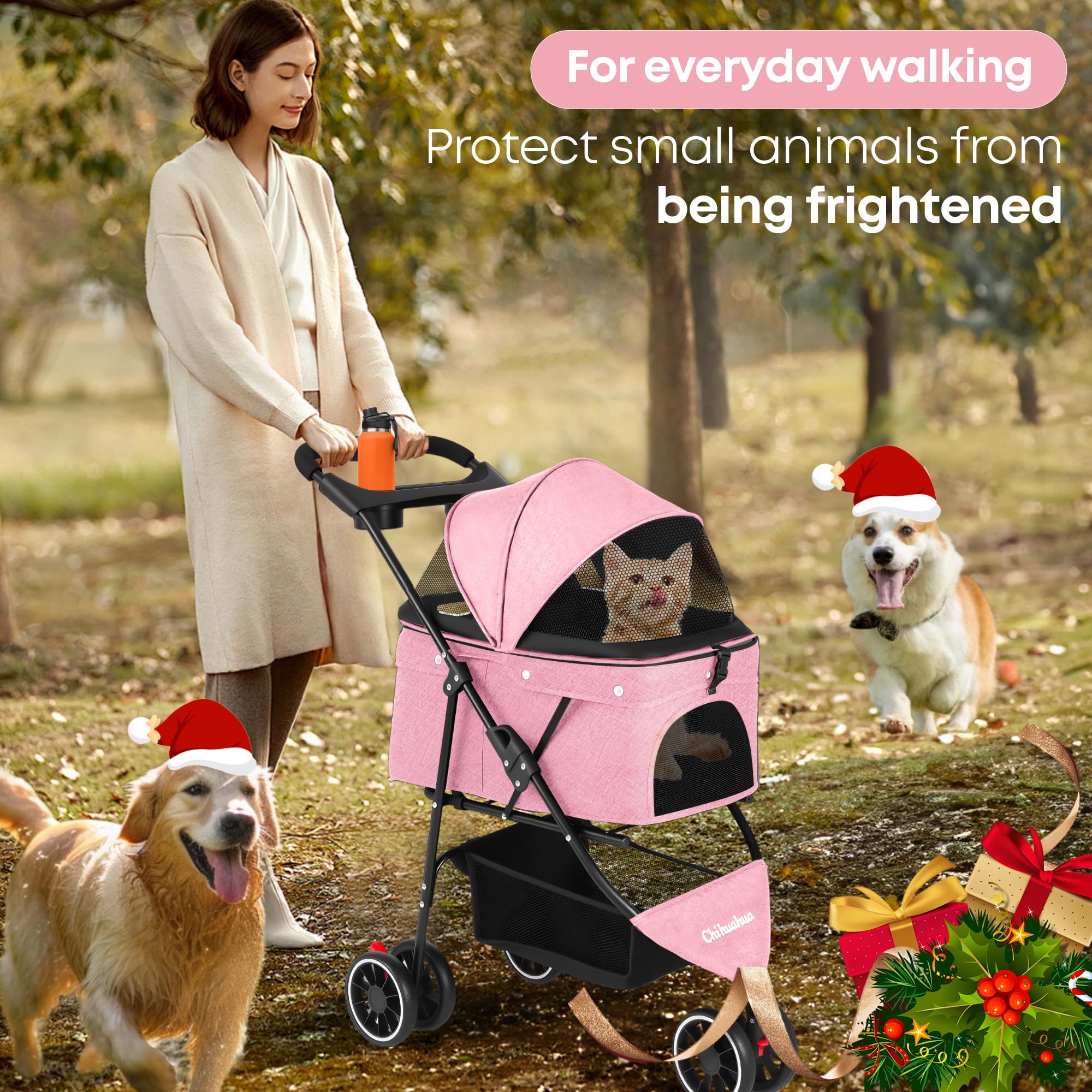Chihuahua pet stroller pink cup holders keep drinks handy for owner during walks.
