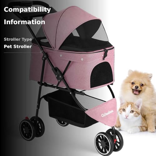 Chihuahua pet stroller pink dual-access openings for easy pet entry and interaction on outings.