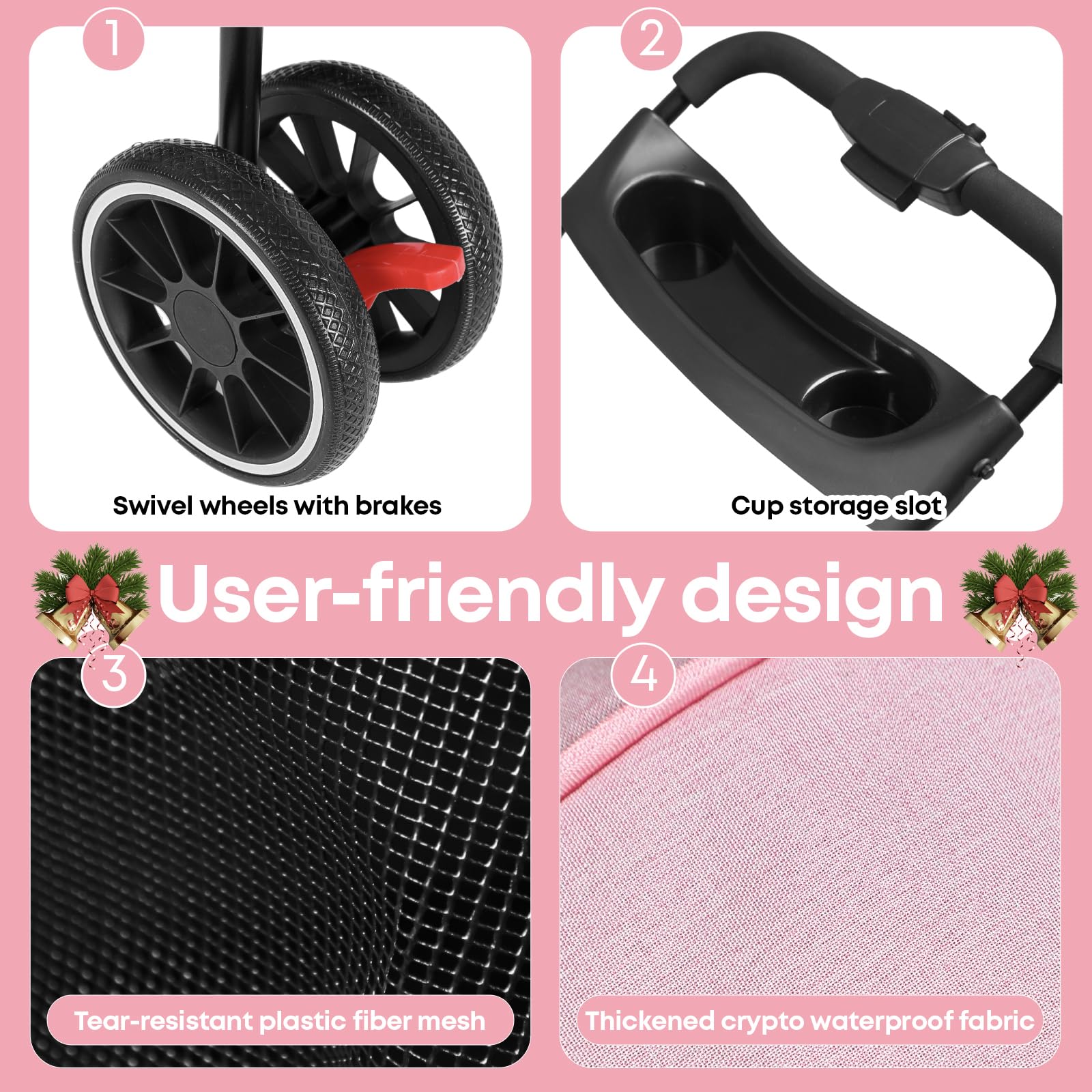 Chihuahua pet stroller pink folded-compact design for quick storage after trips.