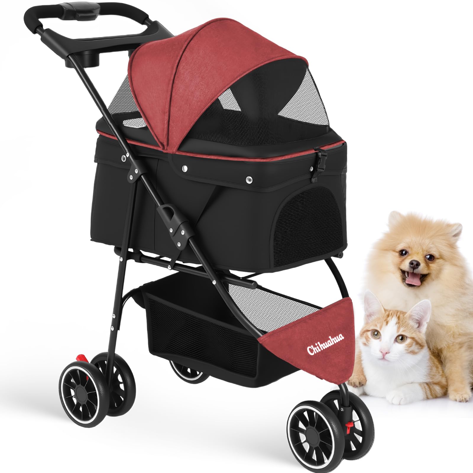 Chihuahua pet stroller red three-wheels side view for easy transport