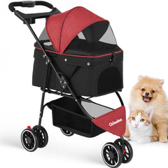 Chihuahua pet stroller red three-wheels side view for easy transport
