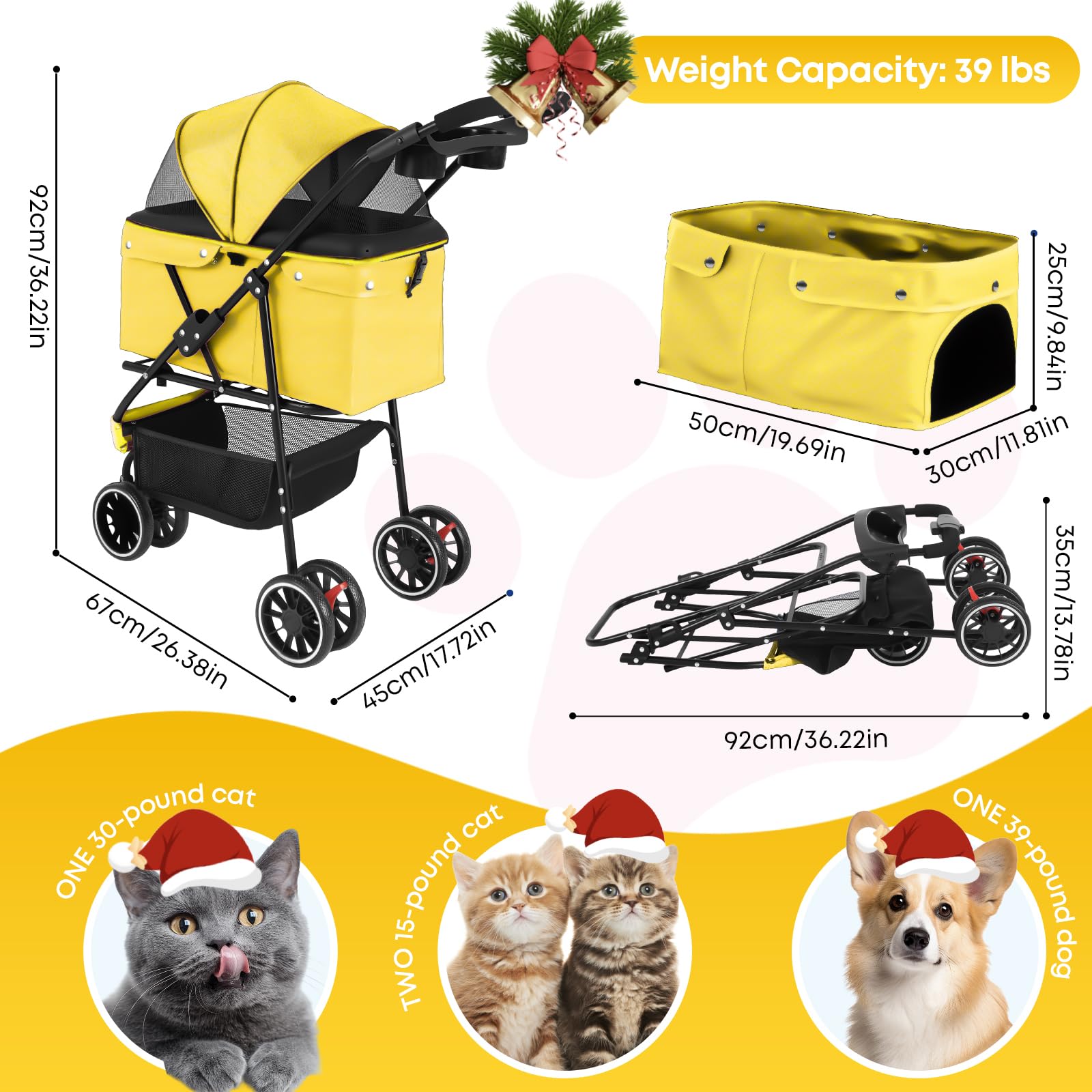 Chihuahua pet stroller side view shows stable steering on sidewalks and grass