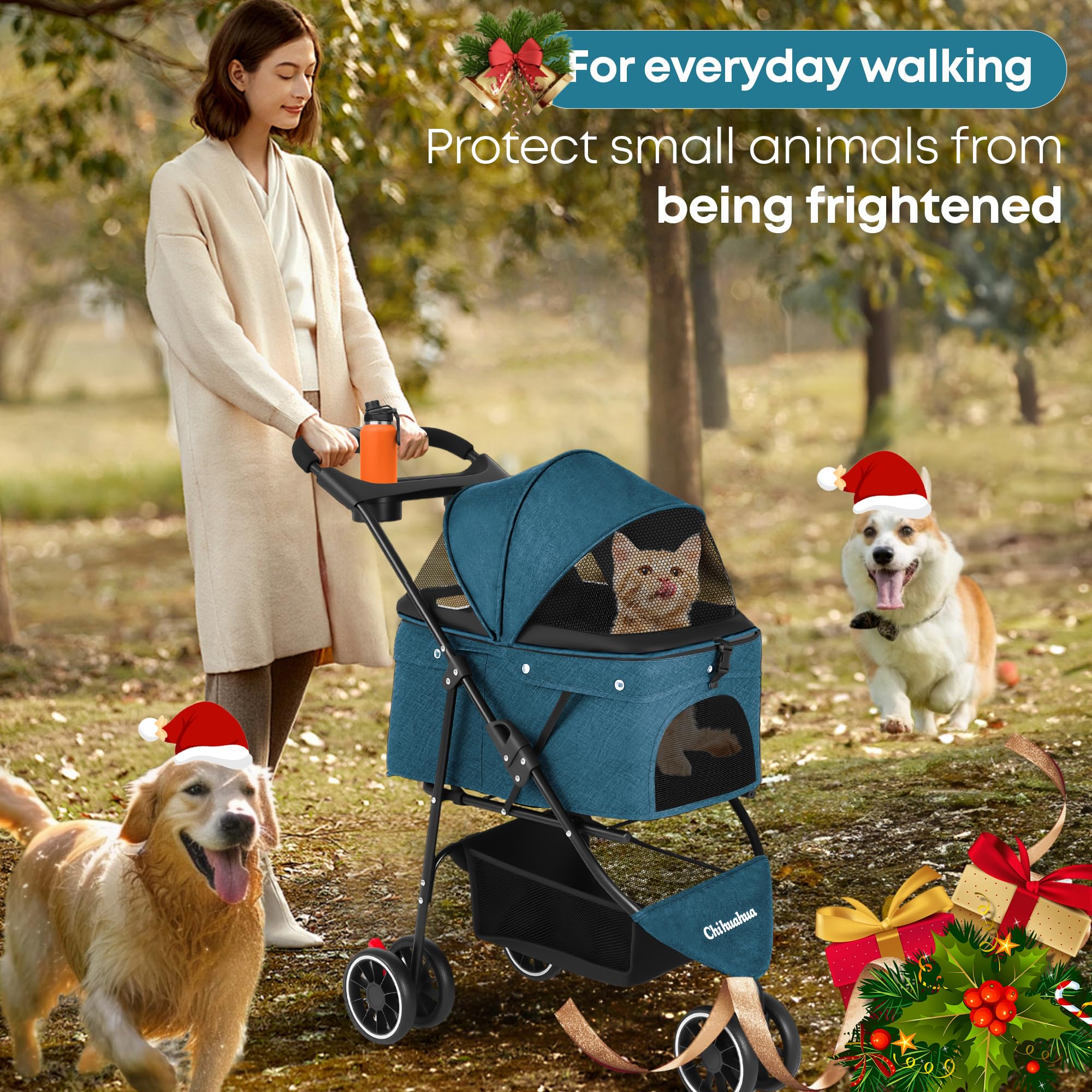 Chihuahua pet stroller storage-basket keeps gear within reach