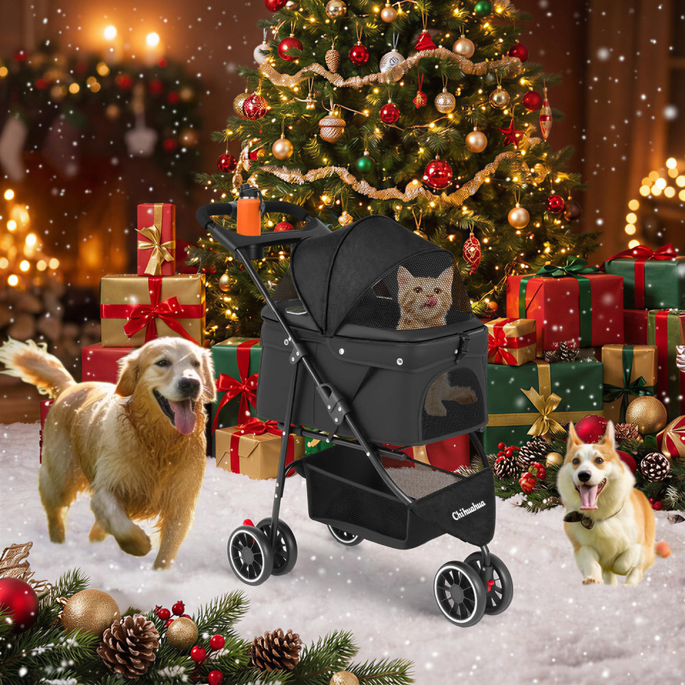 Chihuahua pet stroller three wheels enables smooth maneuver on sidewalks.