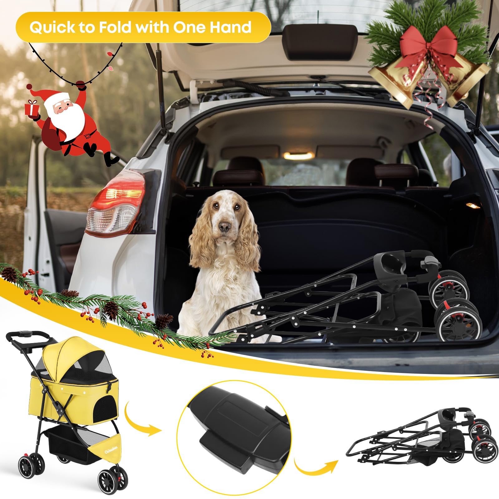 Chihuahua pet stroller undercarriage and wheels illustrate storage and mobility