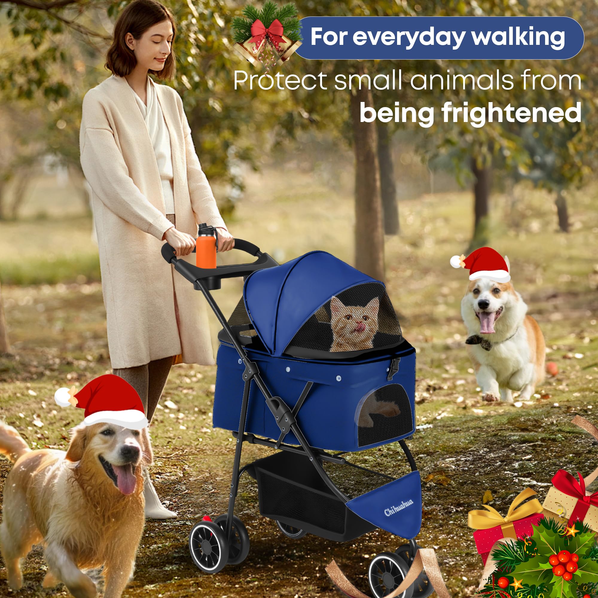 Chihuahua stroller with cup holders for drinks during walks.