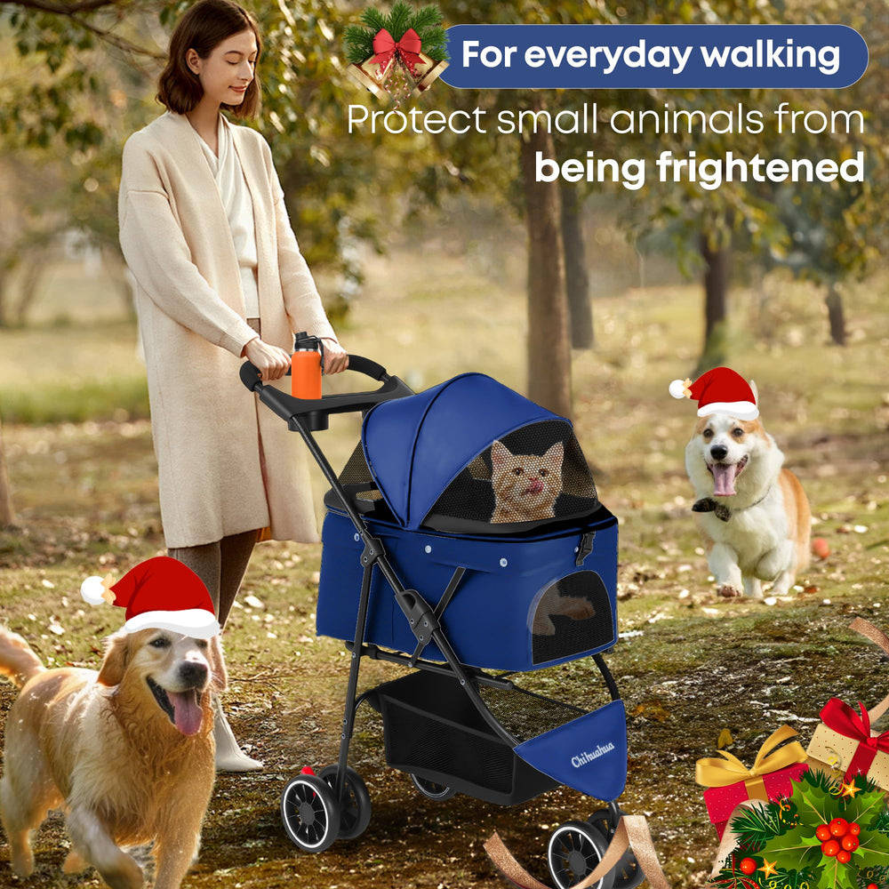 Chihuahua stroller with cup holders for drinks during walks.