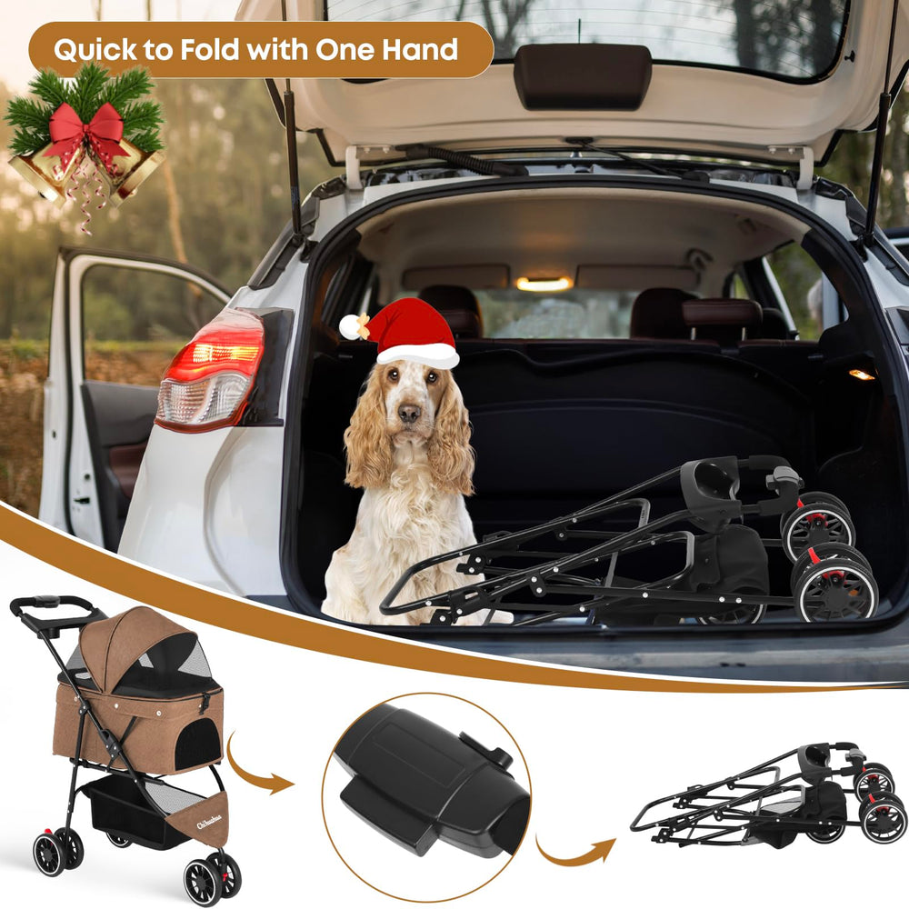 Chihuahua stroller interior with safety straps keeping pets secure