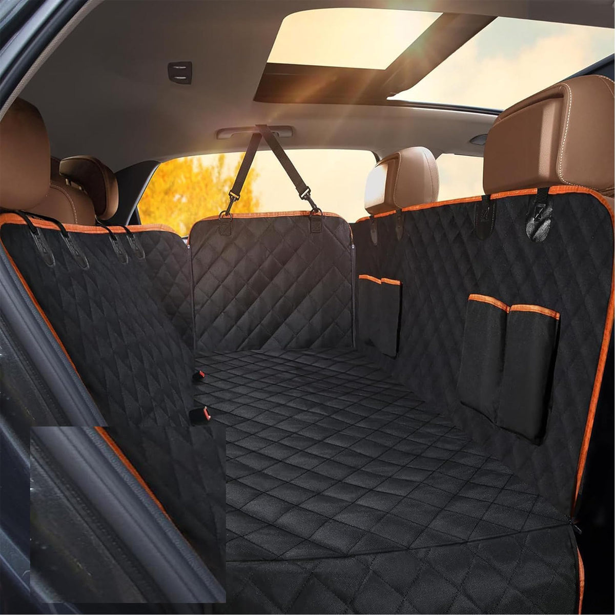 Chilino dog car seat cover hammock fully installed protects backseat from dirt and scratches.