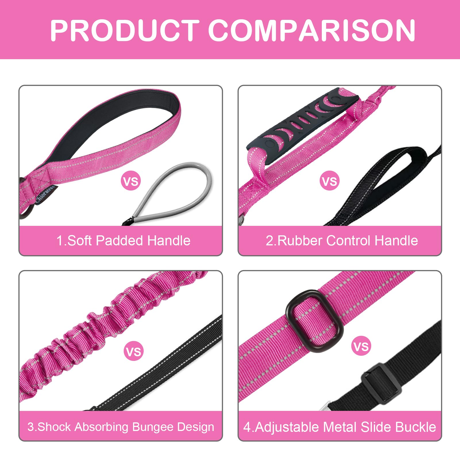 Chioratree heavy duty dog leash pink color overview for medium to large dogs