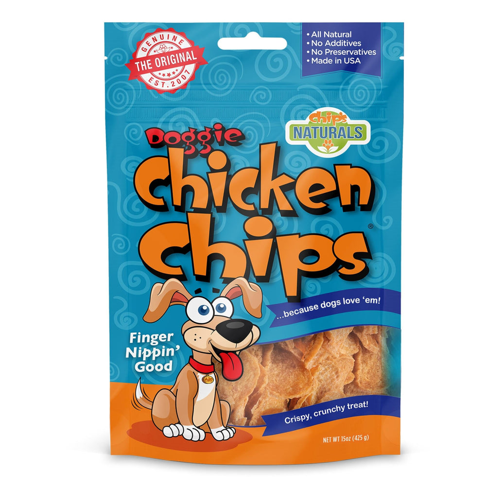 Chip's Naturals Doggie Chicken Chips packaging with resealable bag for freshness.