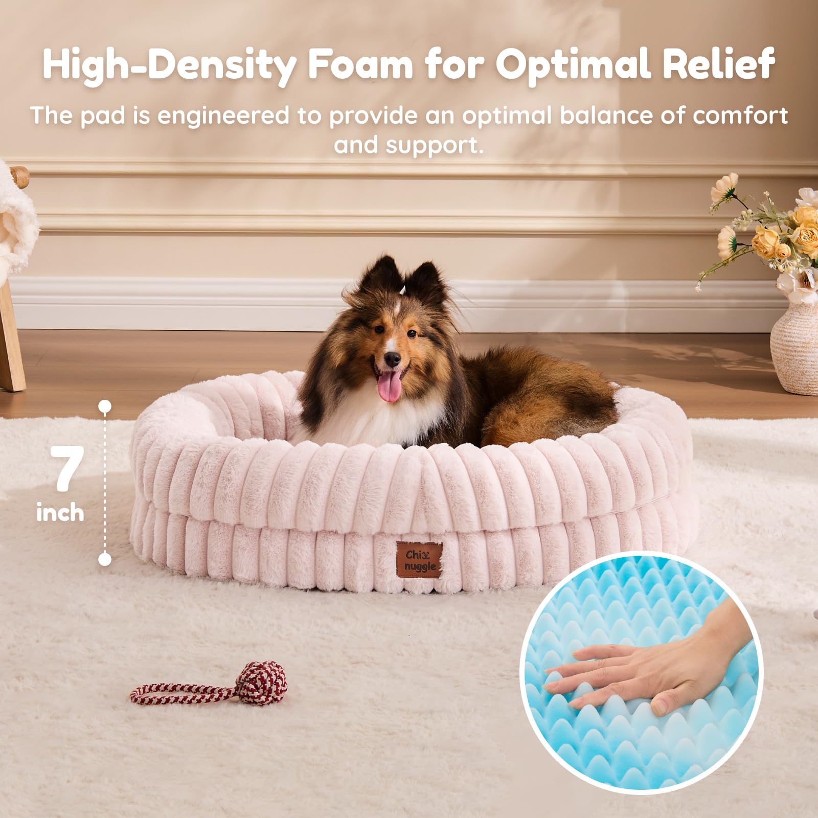 ChiXnuggle dog bed pink striped egg-crate foam close-up emphasizes breathable, cushioned comfort.