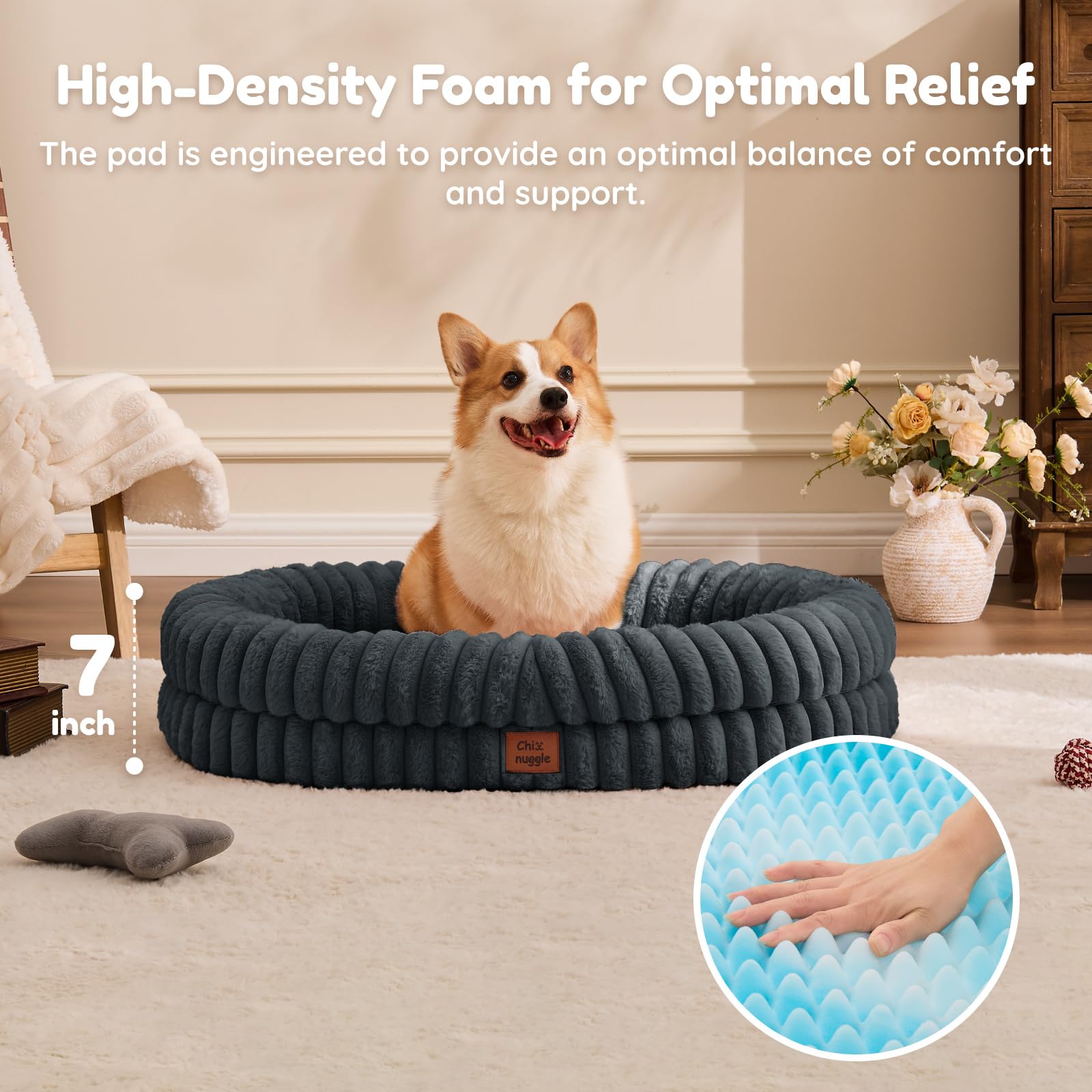 ChiXnuggle bed features 360° bolster for secure head-to-paw support.