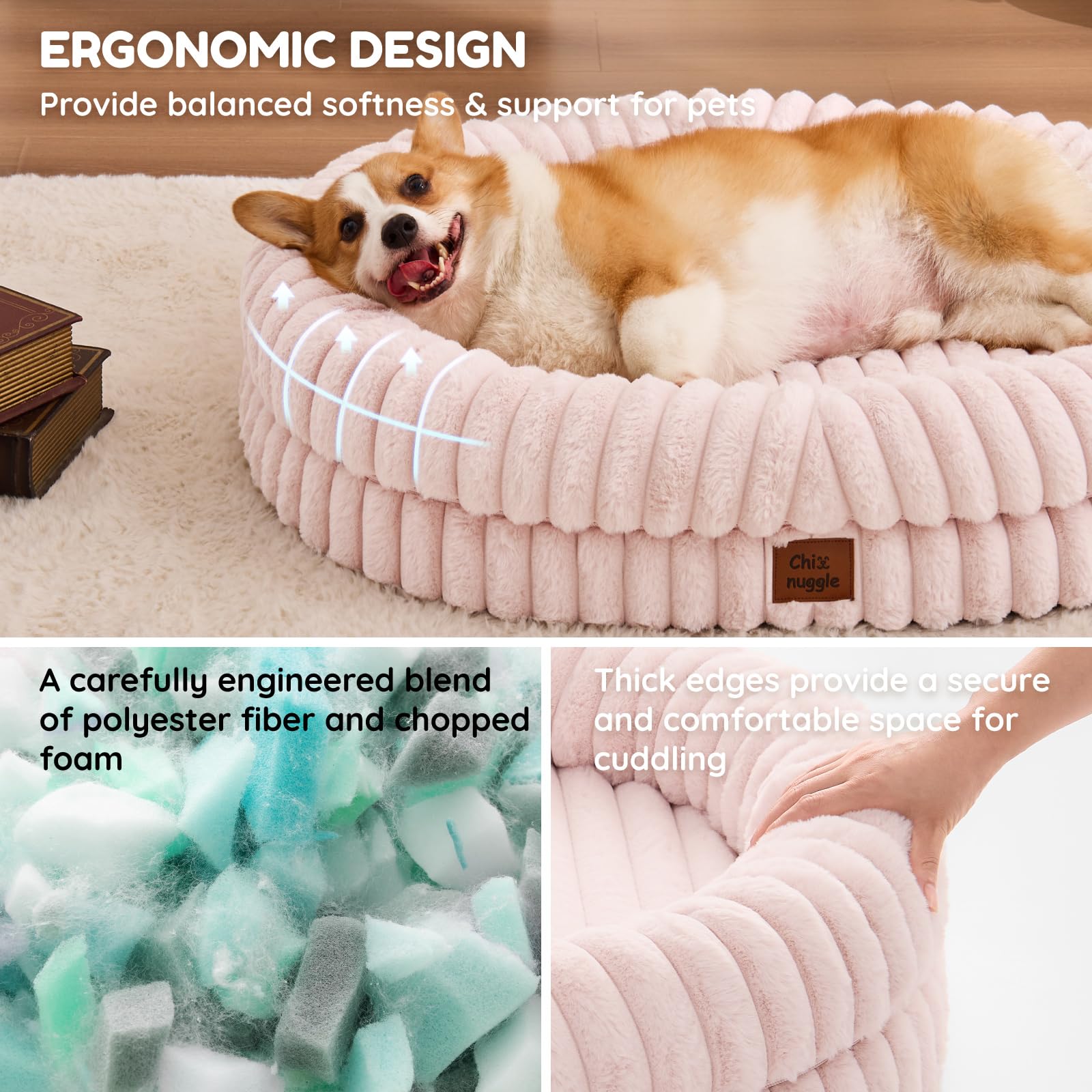 ChiXnuggle dog bed large pink side view highlighting wraparound bolster for secure curling