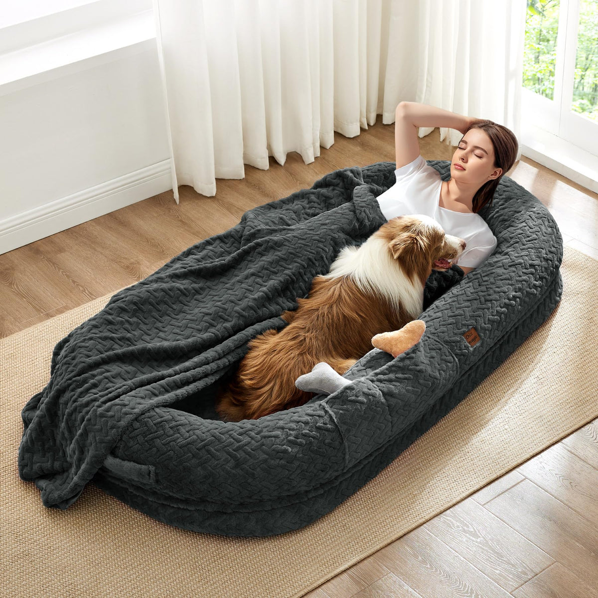 ChiXnuggle human-dog-bed cover close-up highlighting ultra-soft chevron fabric for cozy lounging