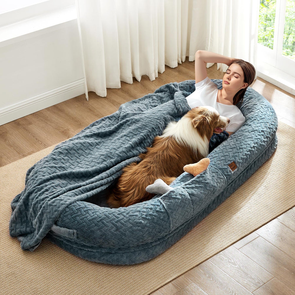 ChiXnuggle human dog bed cover with plush chevron fabric for cozy lounging.