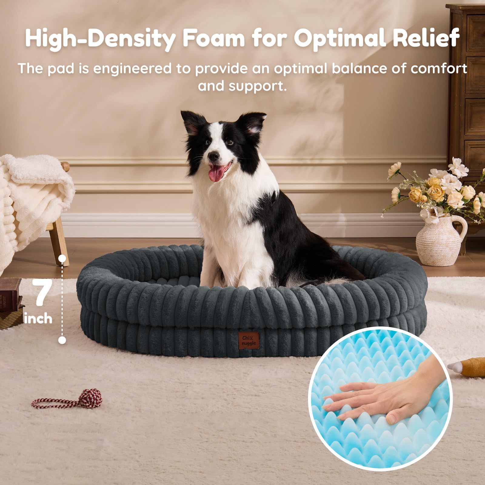ChiXnuggle XL dog bed 360 bolster edge view illustrates all-around support.
