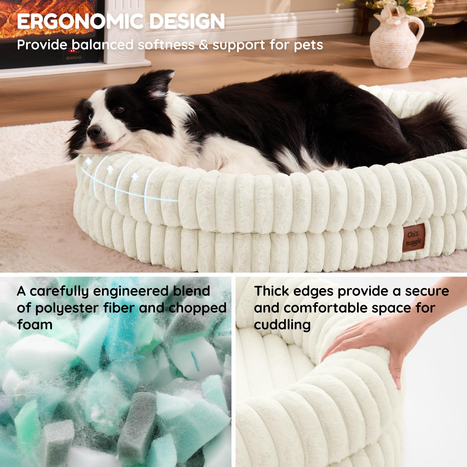 ChiXnuggle XL dog bed cream side bolster highlights 360 degree support