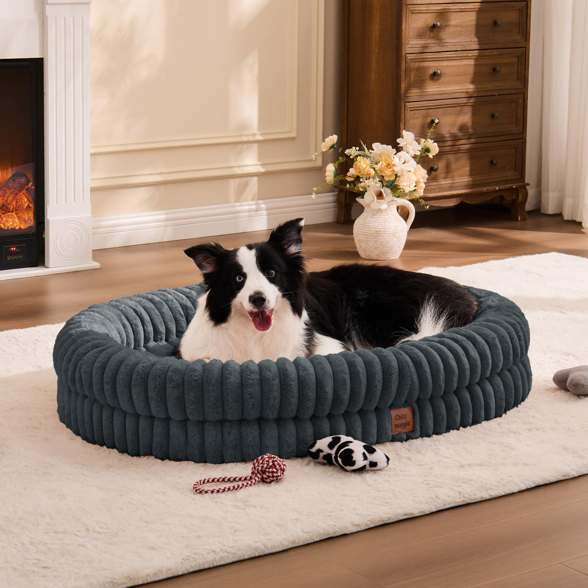 ChiXnuggle XL dog bed faux fur closeup shows a warm, calming surface for pets.