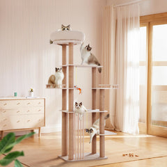 Choc chick wood cat tree tower showcases sturdy base for safe indoor play.