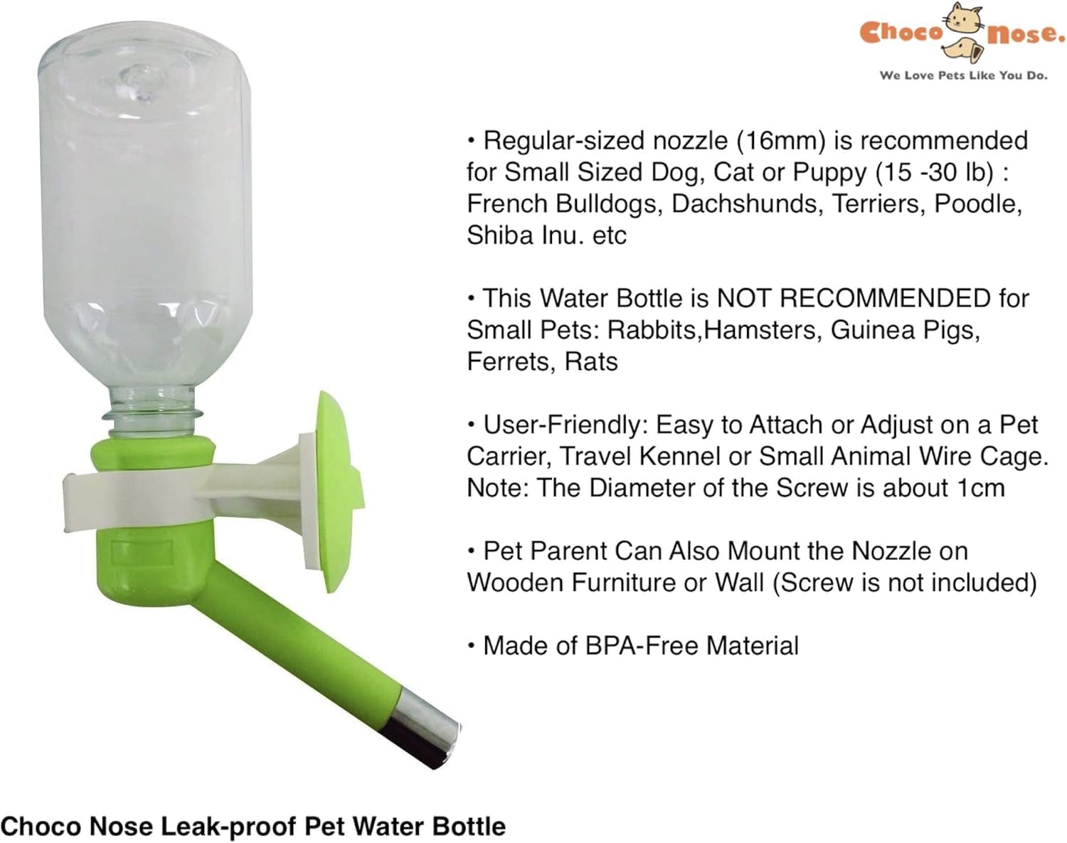 Choco Nose water bottle on crate demonstrates easy setup for clean pet cages.