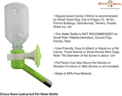 Choco Nose water bottle on crate demonstrates easy setup for clean pet cages.