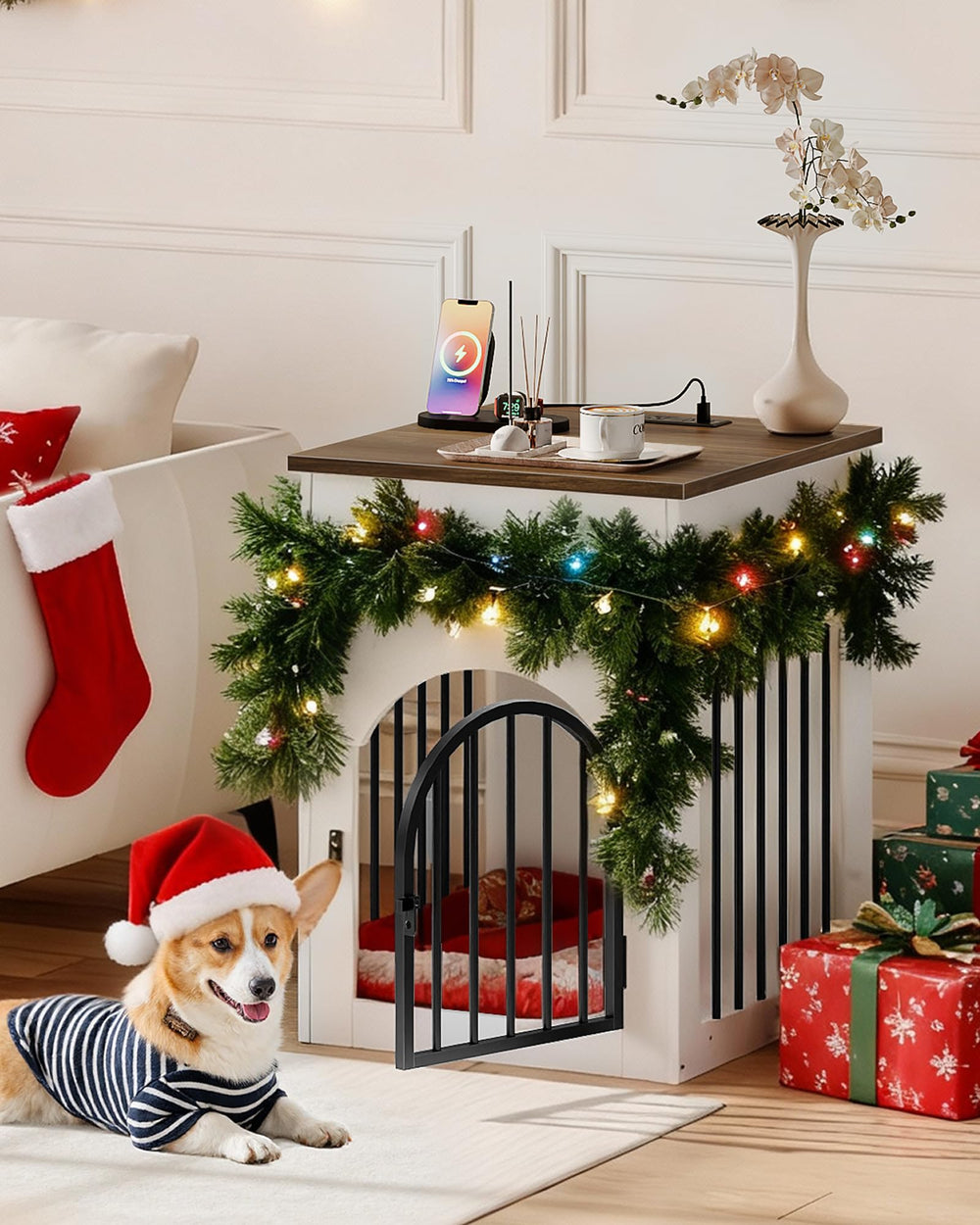 CHOEZON dog crate furniture charging station keeps devices organized.