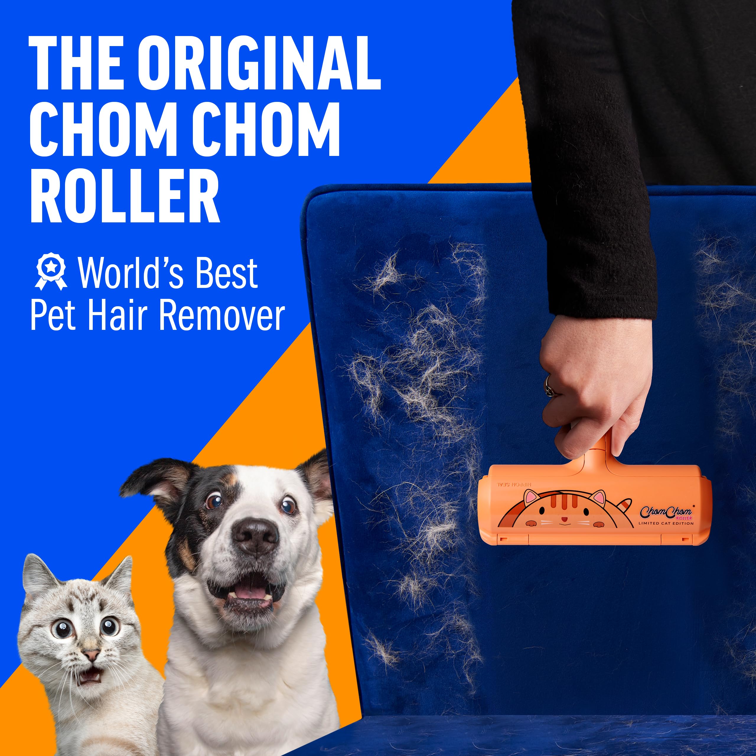 ChomChom Roller removes cat and dog hair from couch for quick cleanup