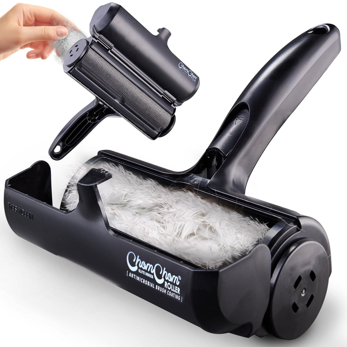 ChomChom Roller original black on couch removing pet hair for clean furniture.