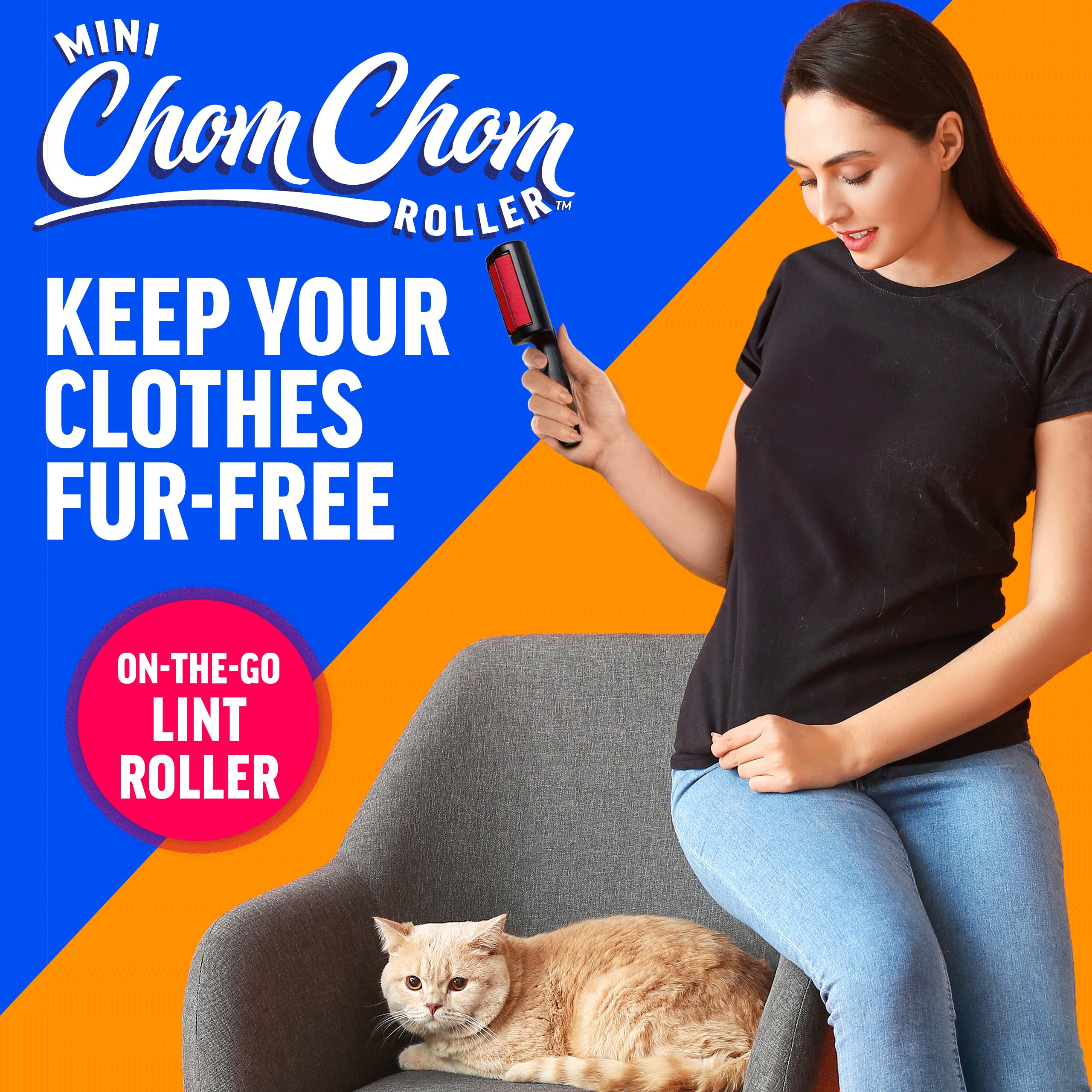 ChomChom Roller clears pet hair from a couch quickly.