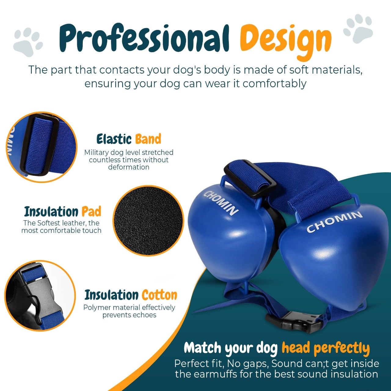 CHOMIN dog ear muffs shown worn on a dog for quick protection setup