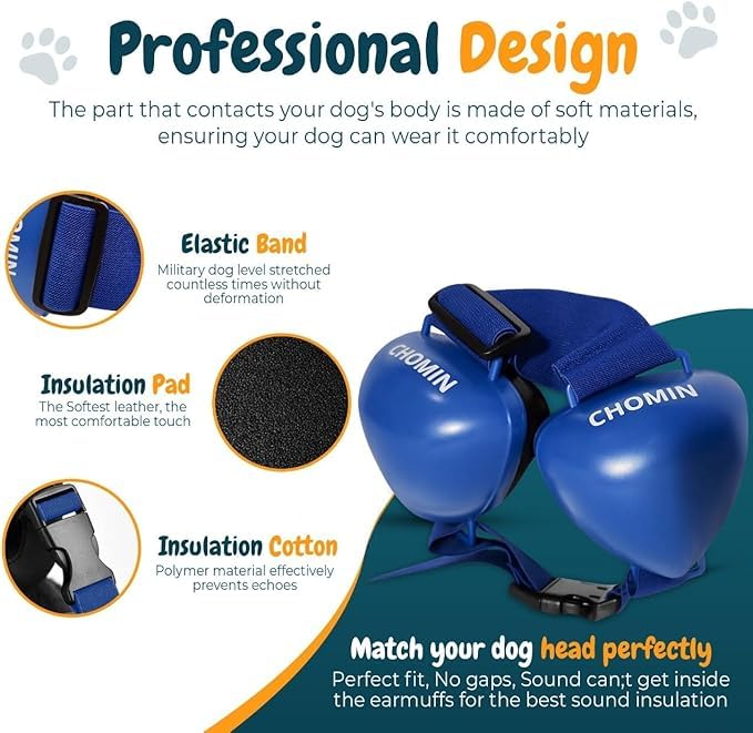CHOMIN dog ear muffs in use on a walk providing noise relief in busy settings.