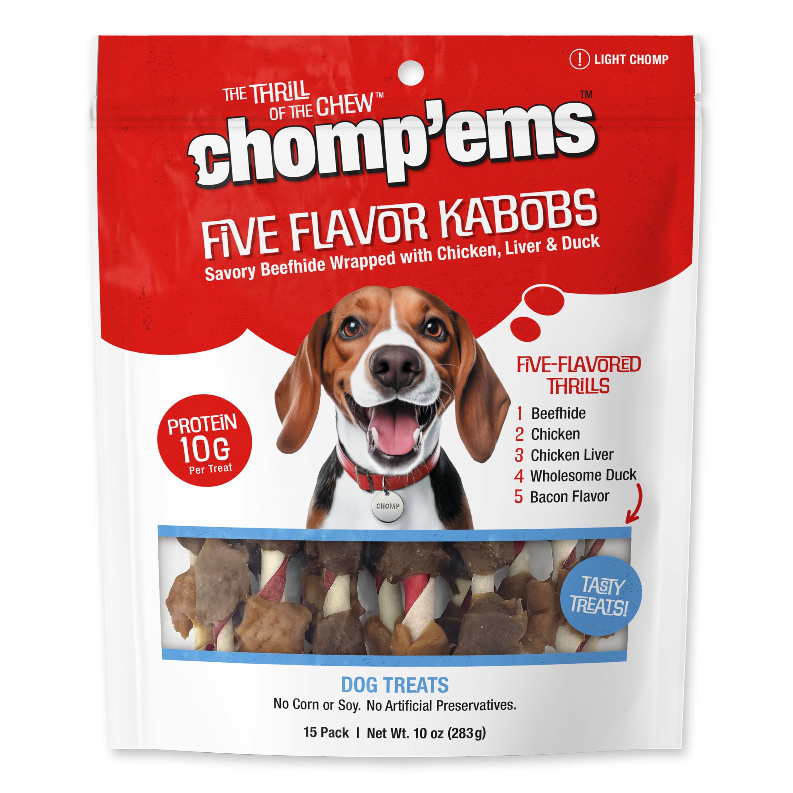 CHOMP EMS Five Flavor Kabobs beefhide-chewstick close-up for durable chewing and canine satisfaction.