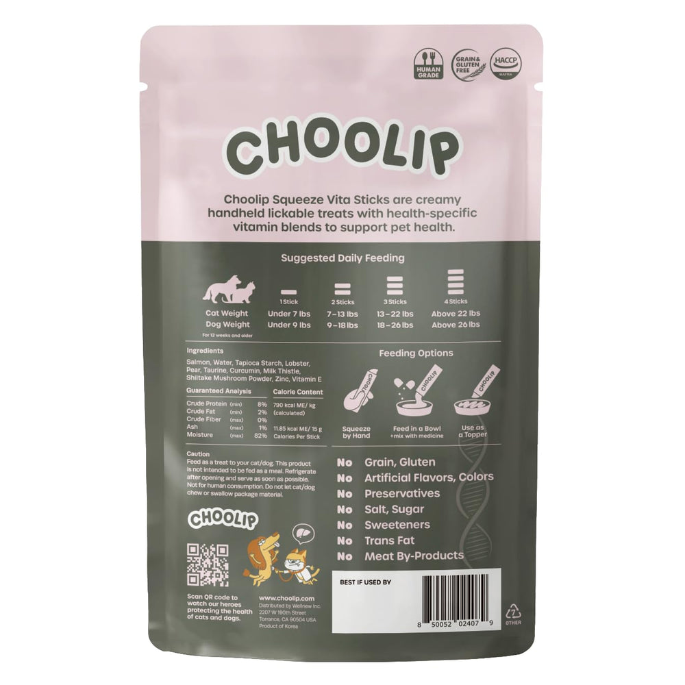 Choolip Squeeze Vita Stick liver-support ingredients graphic highlights Milk Thistle and Vitamin E.