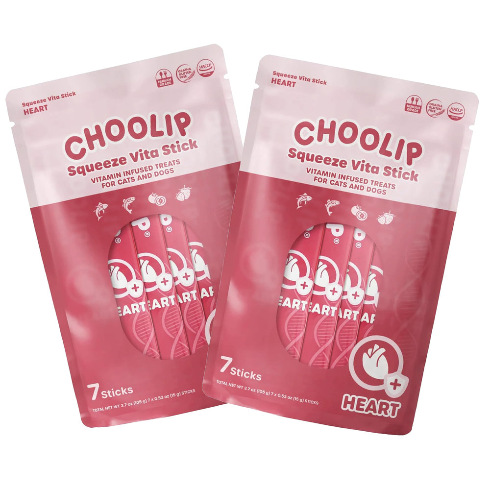 Choolip Squeeze Vita Stick pack-front shows 2×7 value bundle for heart-support treats