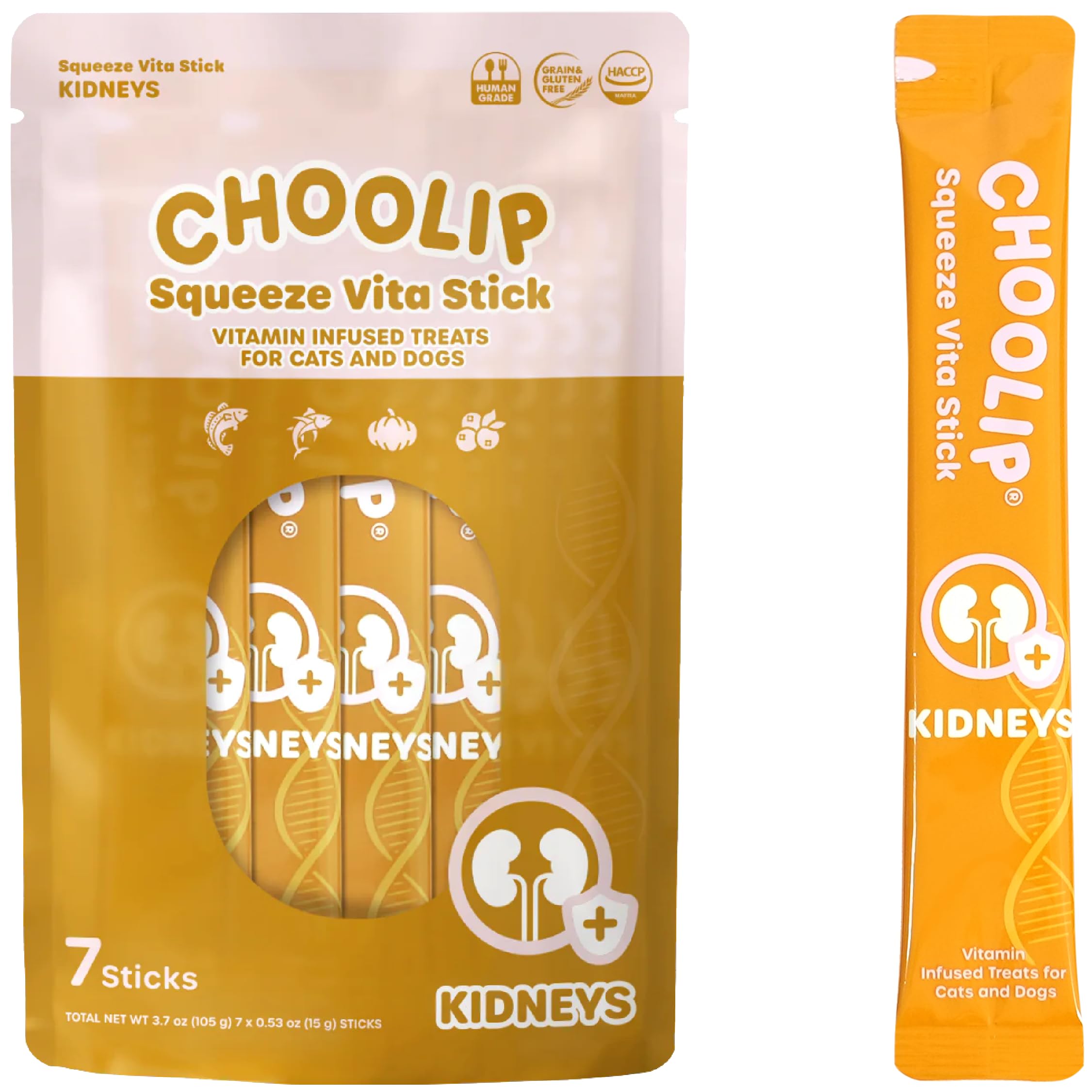 Choolip Squeeze Vita Stick packaging highlights grain-free formula for pets.