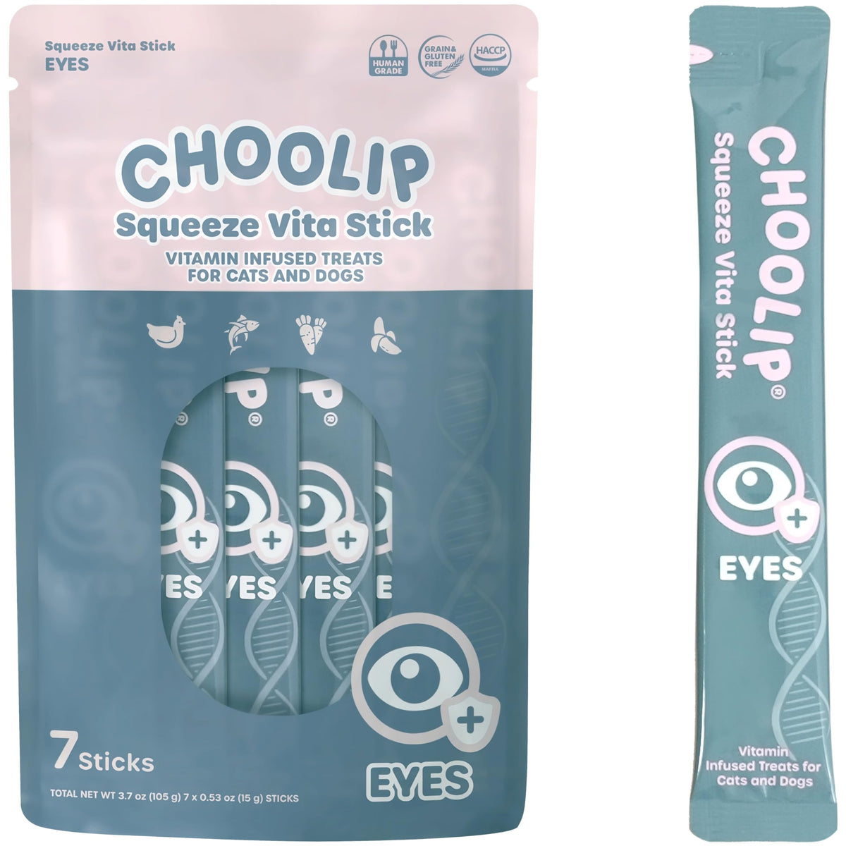 Choolip Squeeze Vita Stick packaging highlights vet-formulated eye care for cats and dogs.