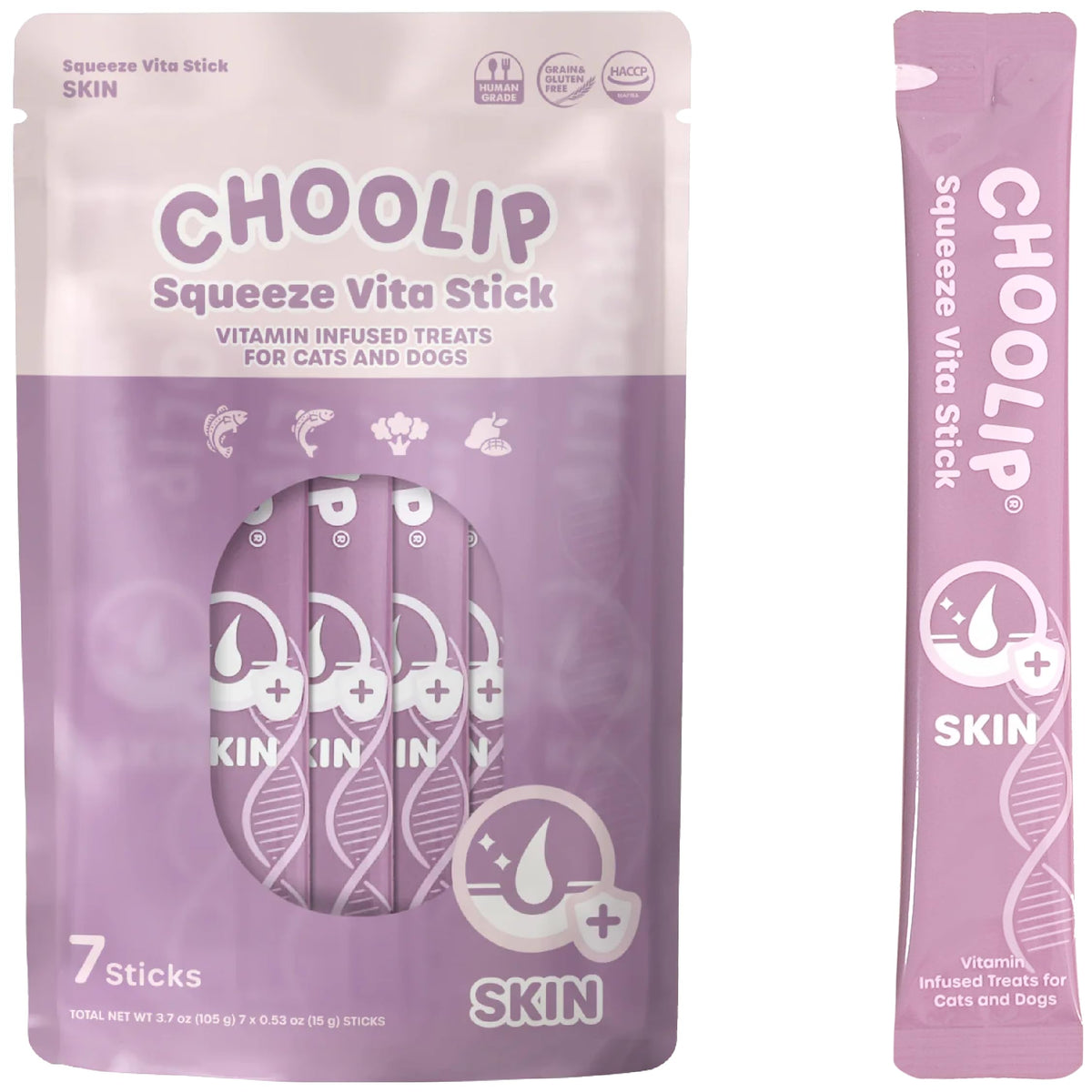 Choolip Squeeze Vita Stick packaging on shelf highlighting vet-formulated skin support.