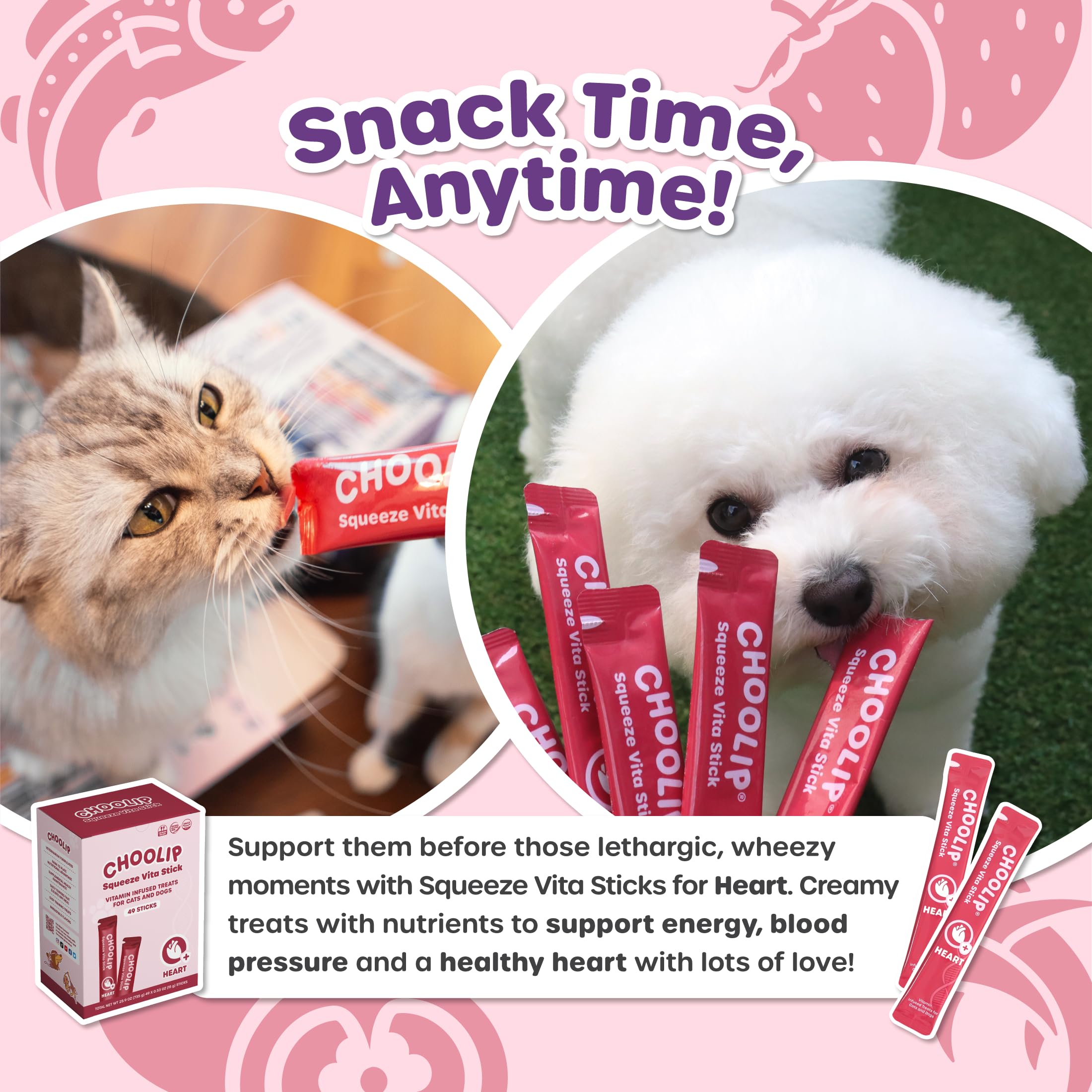 Choolip Squeeze Vita Stick feeding scene shows pets enjoying creamy puree as a treat