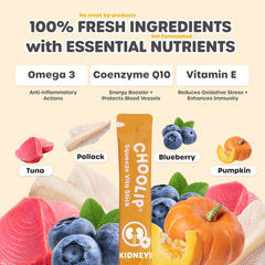 Choolip Squeeze Vita Stick tuna-pollack puree closeup emphasizes high-protein nutrition.