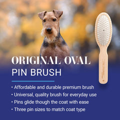 Chris Christensen 20 mm oval pin brush side view emphasizes ergonomic beech wood handle for comfortable grooming