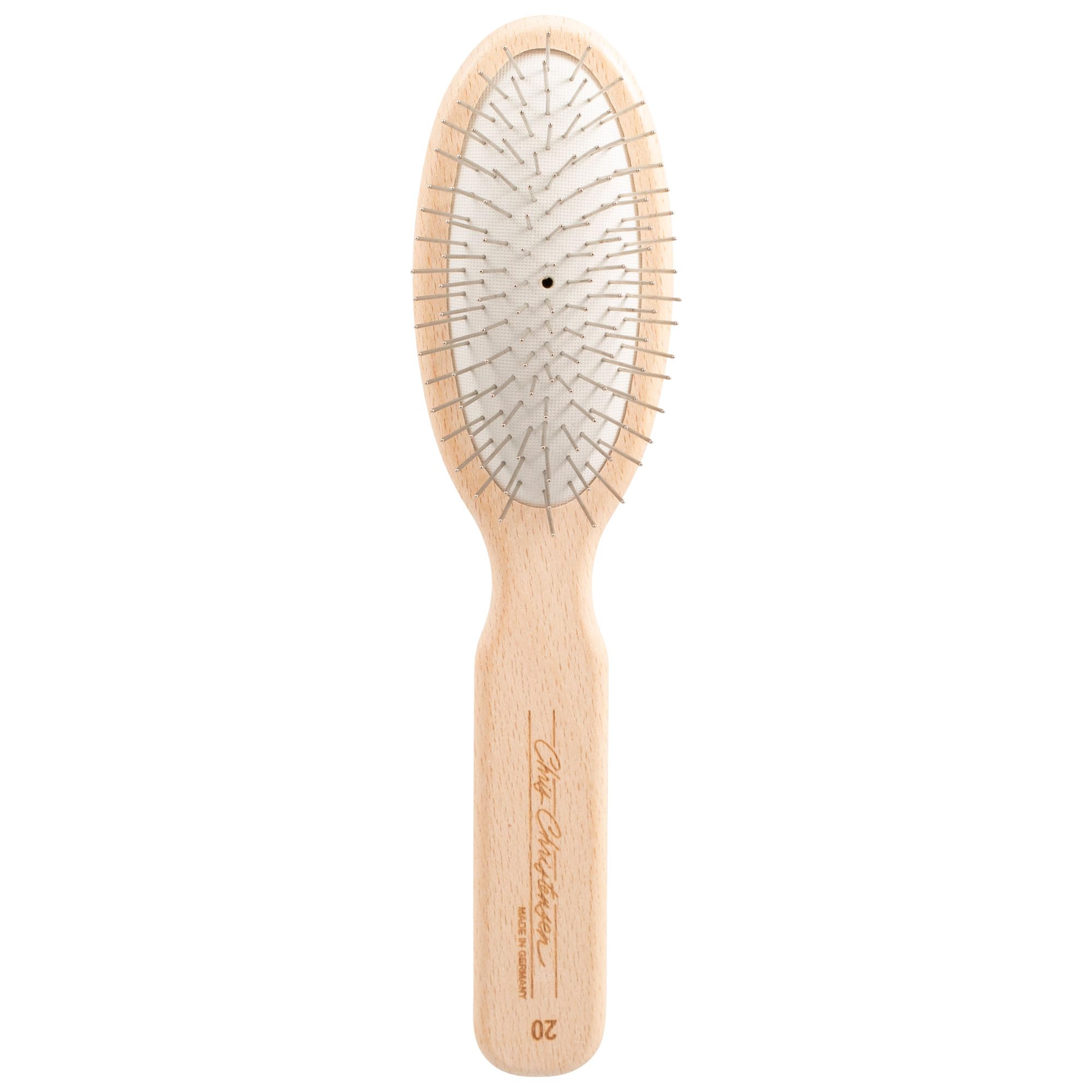 Chris Christensen 20 mm oval pin brush top view highlights professional-grade design for gentle detangling