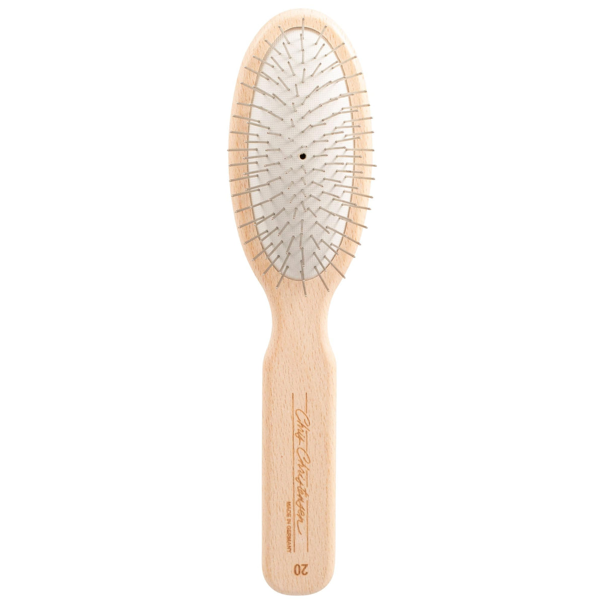 Chris Christensen 20 mm oval pin brush top view highlights professional-grade design for gentle detangling