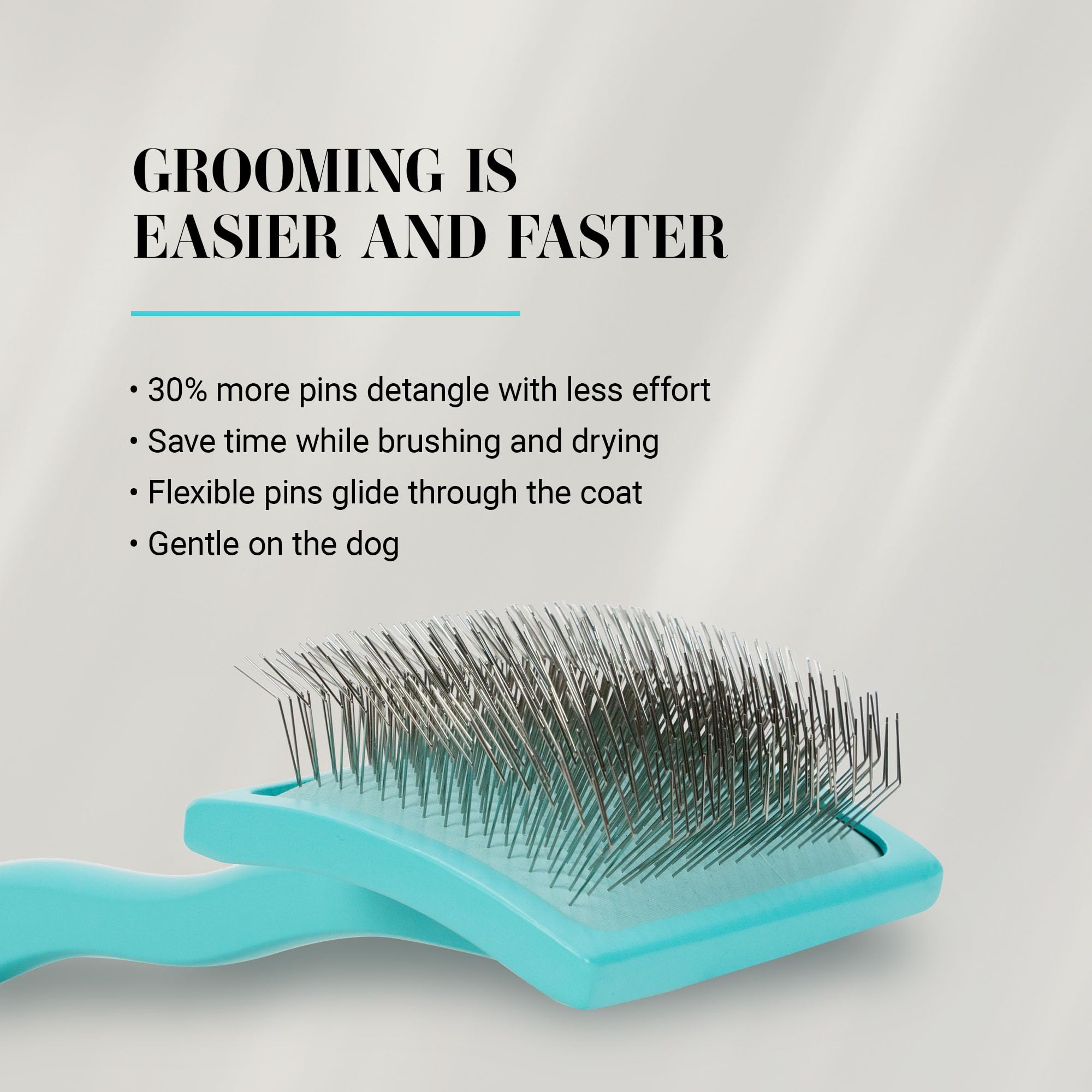 Chris Christensen Big G Dog Slicker Brush teal demonstrates deshedding action reaching undercoat gently.