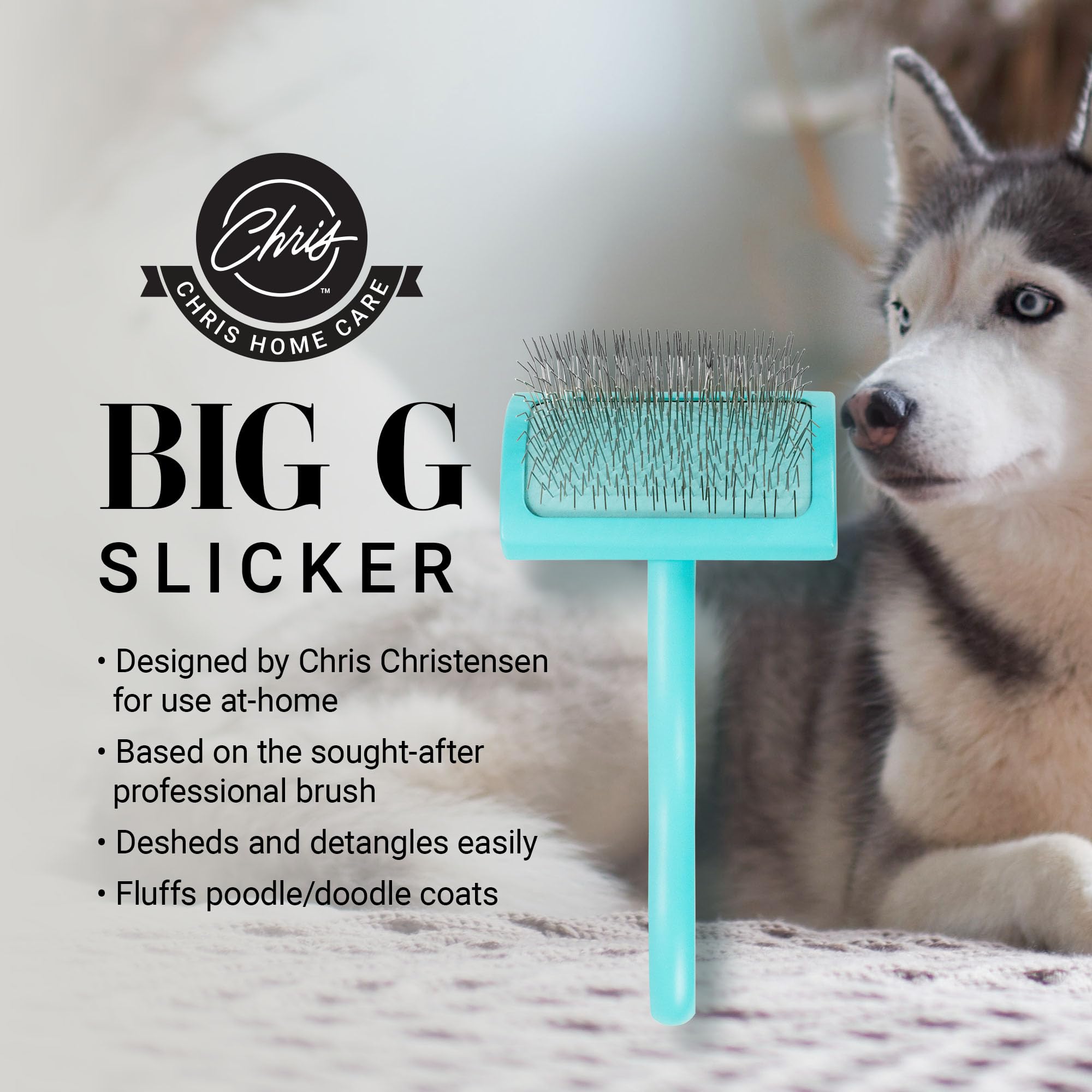 Chris Christensen Big G Dog Slicker Brush teal with extra-long pins for thorough deshedding.
